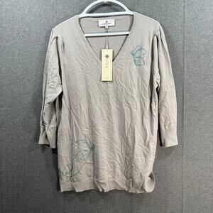 Laurie Felt 3/4 Sleeve Sweater w/ Butterfly Embroidery Charcoal, Size 1X